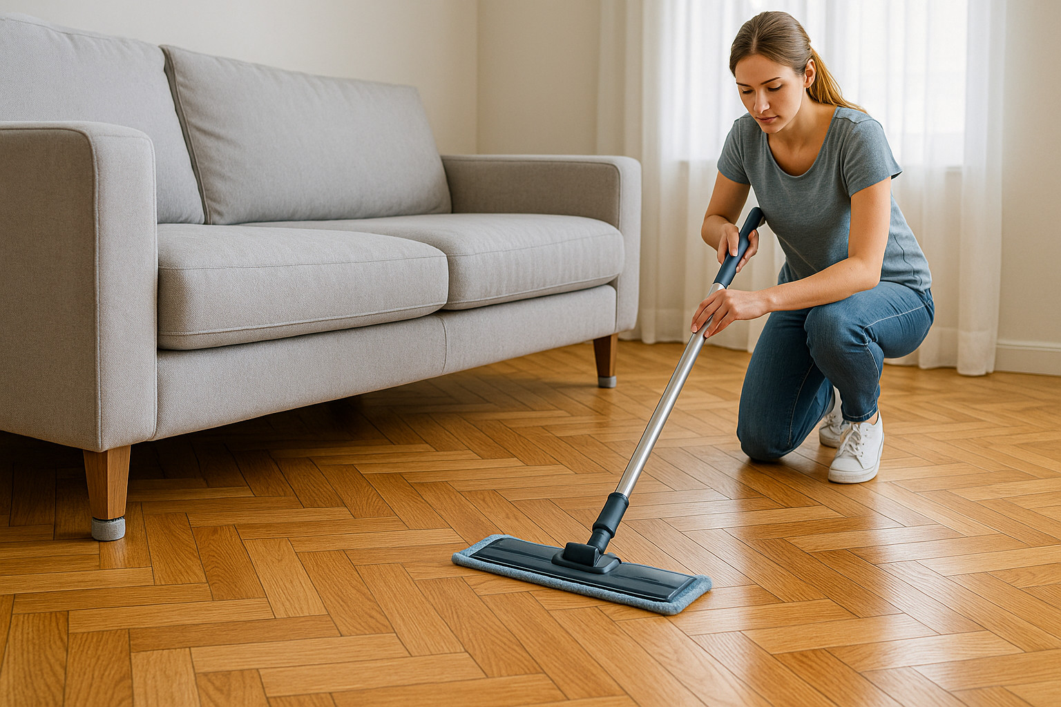Woman cleaning a light oak herringbone parquet wood floor in a living room after professional Parquet Floor Sanding and refinishing.
