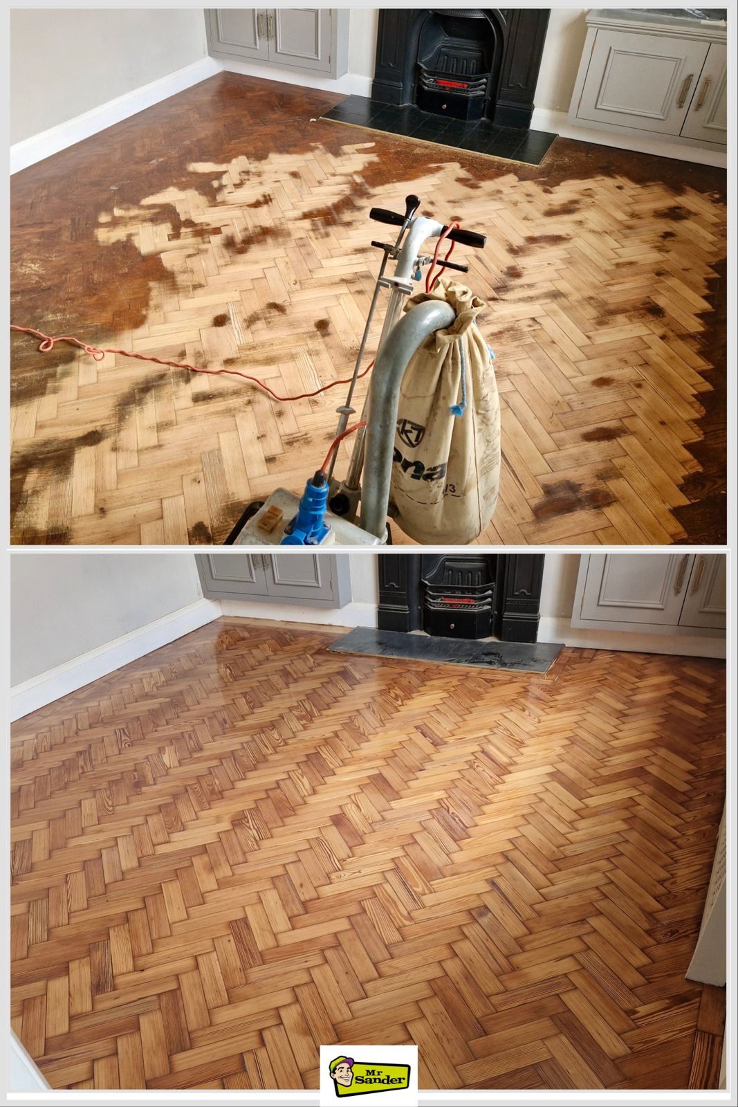 Parquet Flooring Restoration and finishing before-and-after on a herringbone parquet wood floor (solid parquet blocks), sanded, repaired and lacquered.
