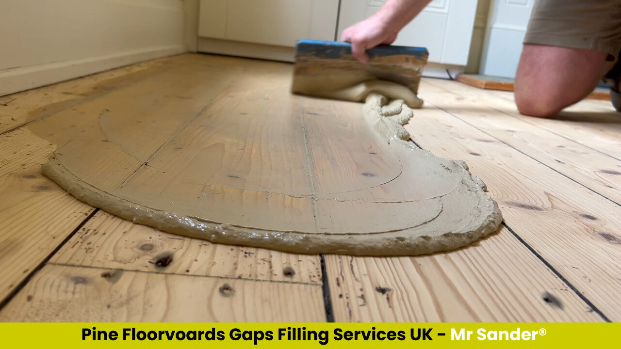 Resin-and-sawdust filler spread across pine floorboard gaps with a wide squeegee.