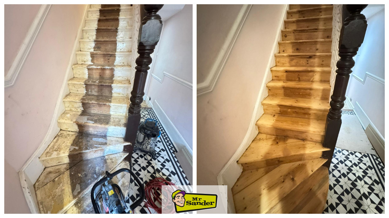 A side-by-side comparison of a Victorian pine staircase during and after professional sanding and restoration.