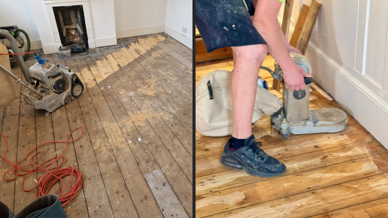 Side-by-side comparison of a professional using a floor edger and drum sander on pine floorboards to remove old orange stains.