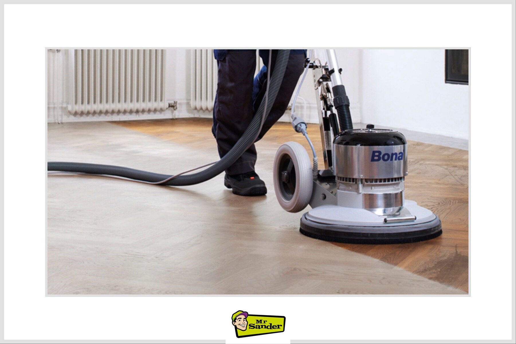 Professional Wood Floor Sanding with a dust-extracted Bona multi-disc machine refining parquet for an even, swirl-free finish by Mr Sander