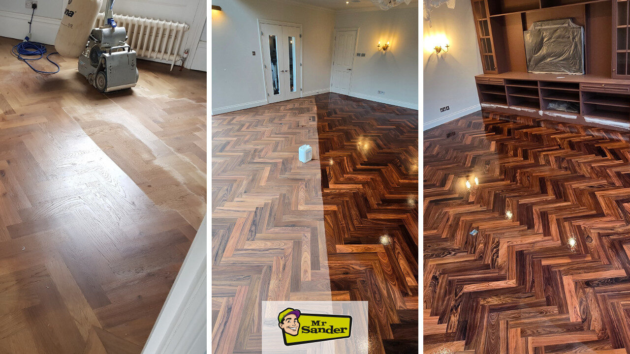 Professional Wood Floor Sanding on herringbone parquet: before, during, and after results showing dust-controlled sanding, stain application, and a high-gloss lacquer finish by Mr Sander.