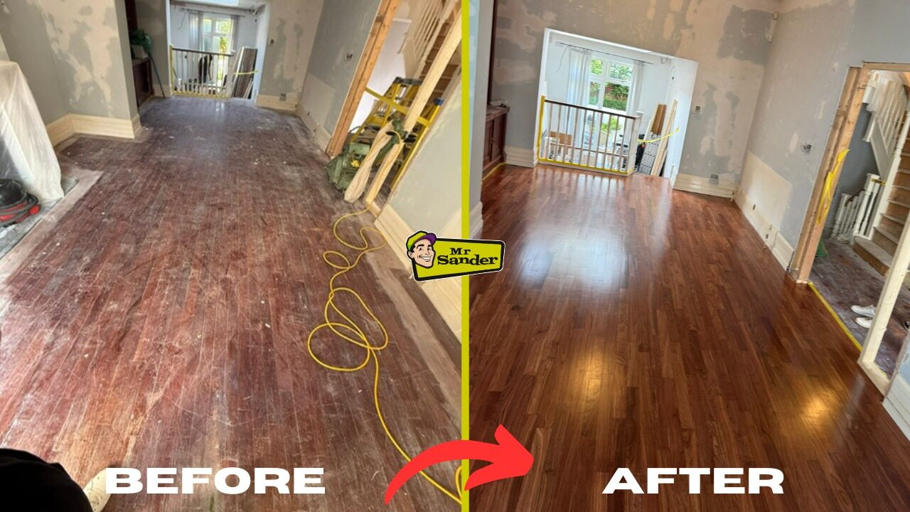 Before-and-after split: Refinish Hardwood Floors on oak strip solid hardwood—worn, dusty boards transformed into a smooth, glossy finish.