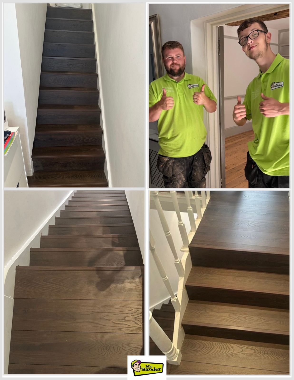Refinish Stairs Now – newly restored hardwood staircase with rich dark oak finish, showing smooth treads and risers after sanding, staining, and sealing.