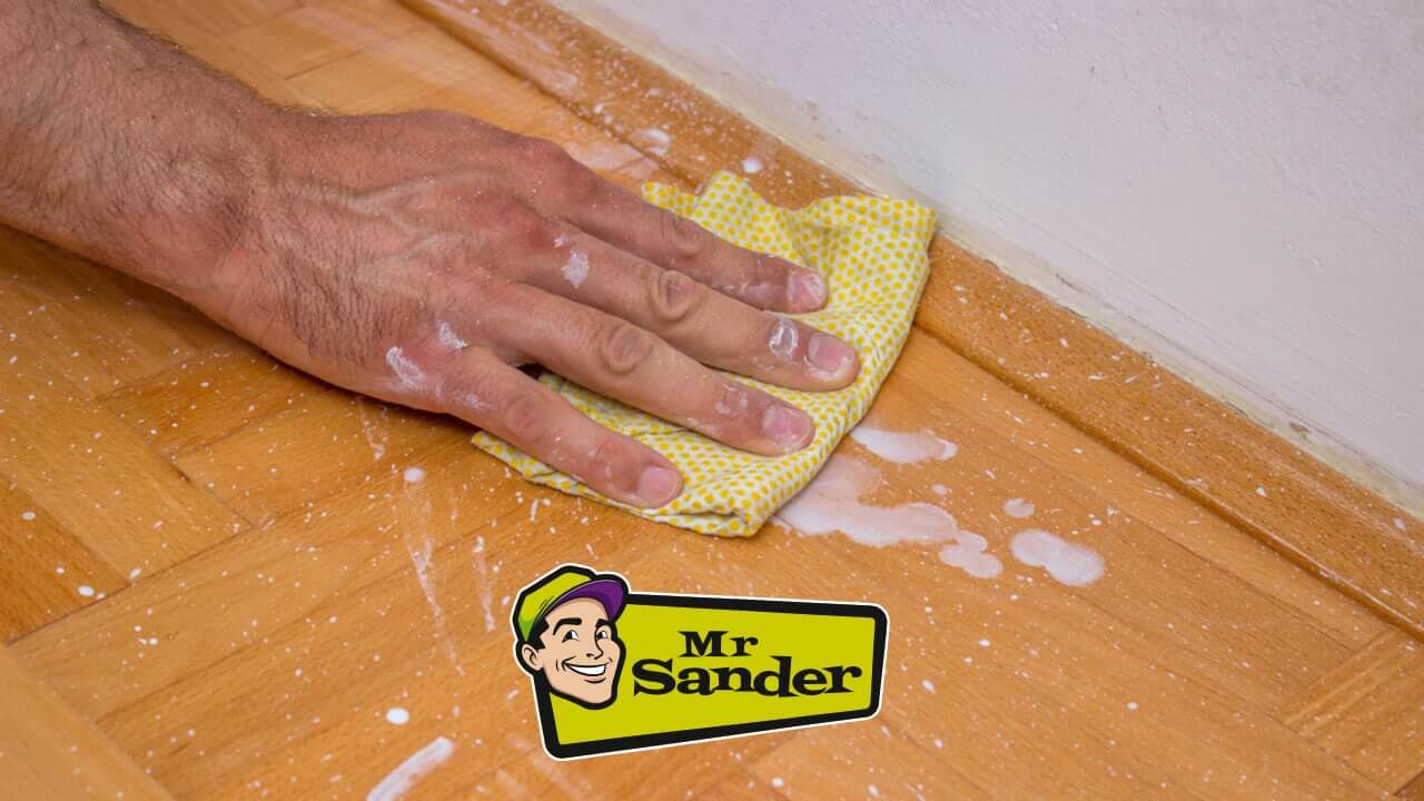 A hand cleaning spilled paint on a polished parquet floor using a yellow patterned cloth. The floor showcases a smooth finish, indicating professional refinishing by Mr Sander®.