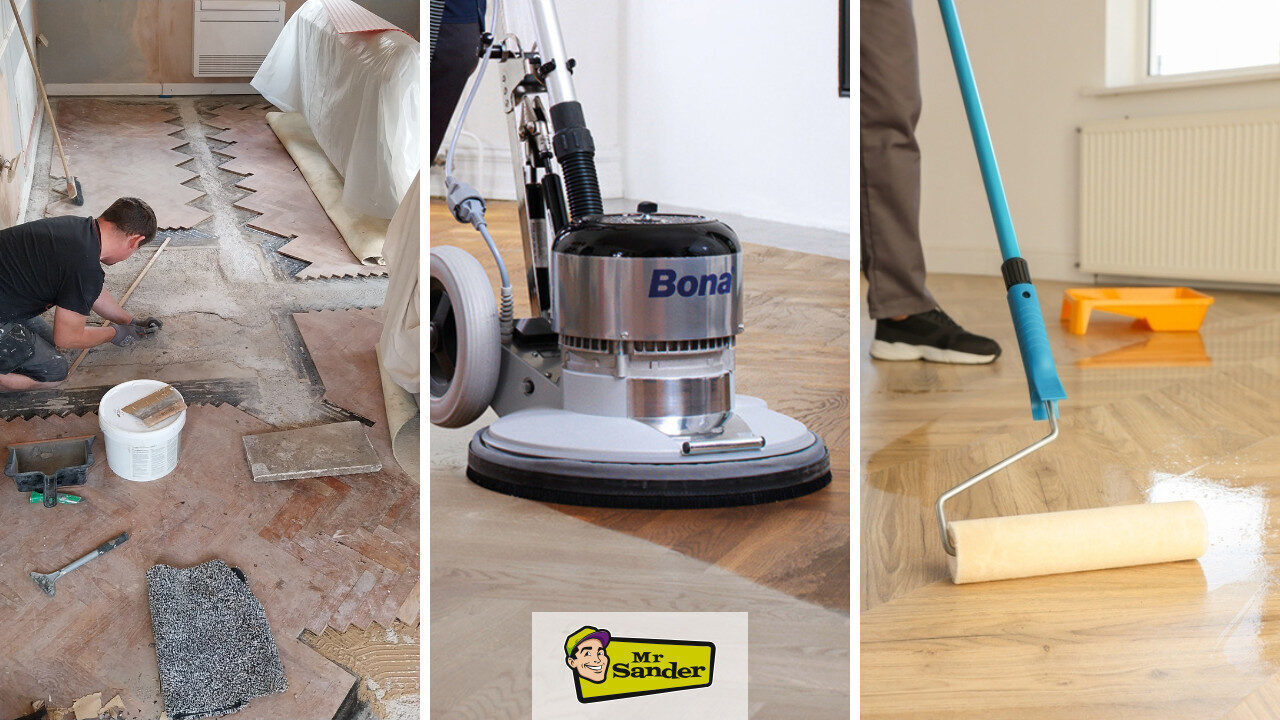 A three-part sequence showing the repair of loose blocks, professional chevron parquet sanding with a Bona rotary machine, and the final application of a protective finish on an oak floor.