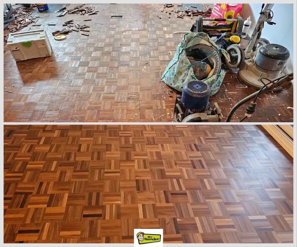 A side-by-side comparison of a wooden parquet floor before and after refinishing. The top image shows a floor in the middle of a repair process, with tools and sanding equipment scattered across the surface. The bottom image shows the same floor fully restored, with a smooth and polished finish. The Mr. Sander® logo is visible at the bottom of the image.