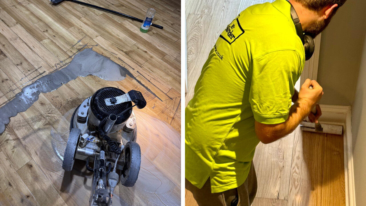 Process shots of Repairing Scratches on Hardwood Floors: left shows rotary buffer working slurry/filler across oak boards; right shows Mr Sander® technician edging on a fresh protective coat