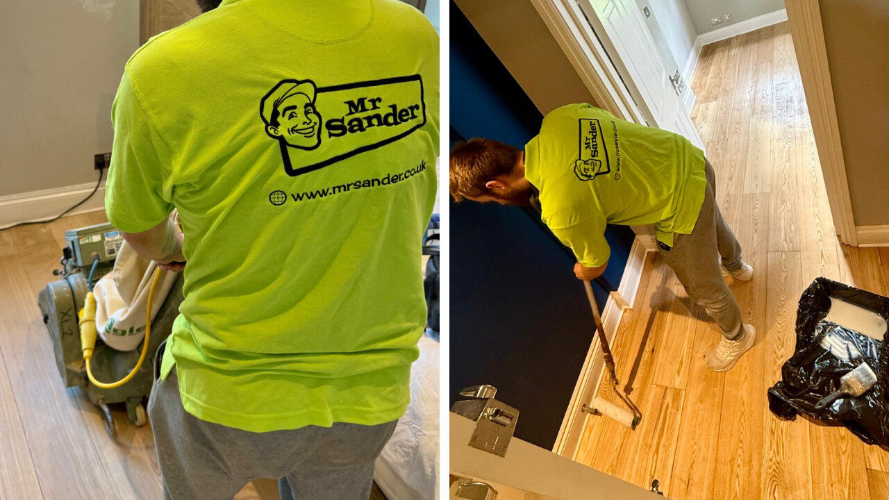 Two-part collage showing the professional process for Repairing Scratches on Hardwood Floors: a Mr Sander® specialist uses a belt sander to level worn boards, while another applies a clean, even recoat along hallway edges for a seamless, durable finish.