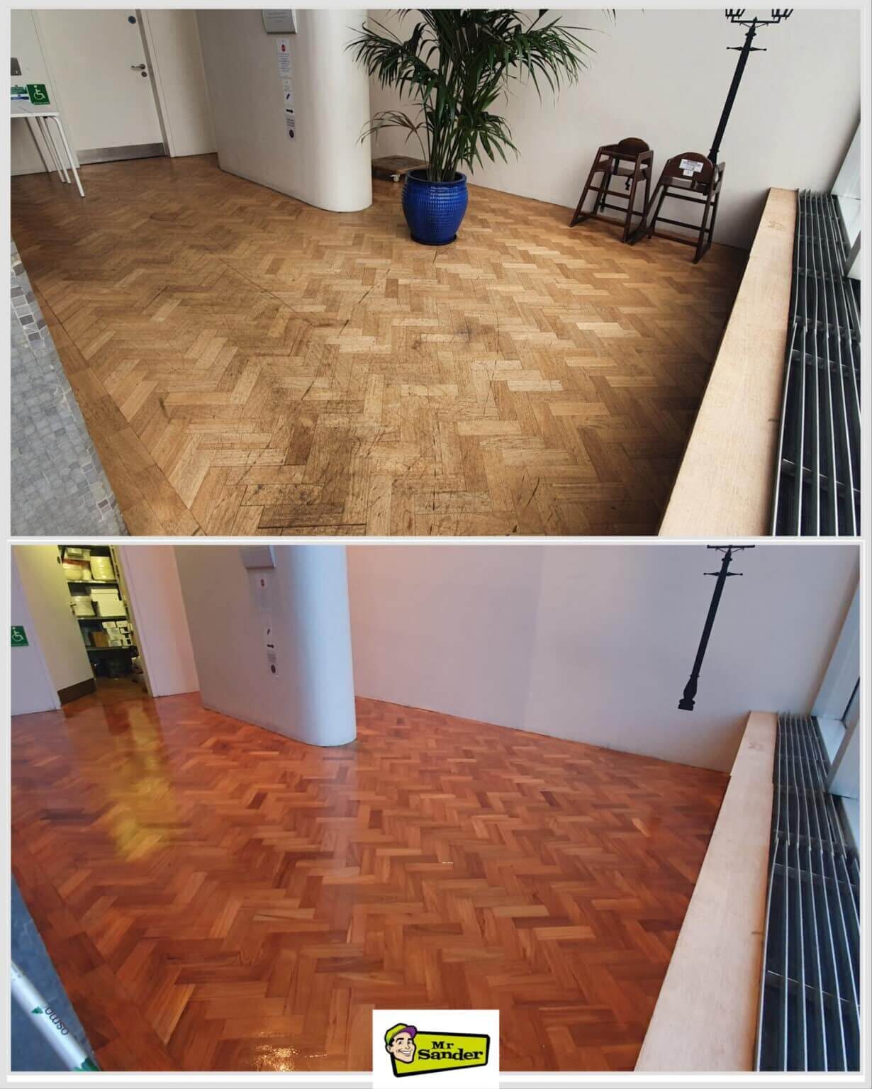 Before and after images of professional restaurant floor sanding in the UK by Mr Sander, showing transformation from worn parquet to polished finish.