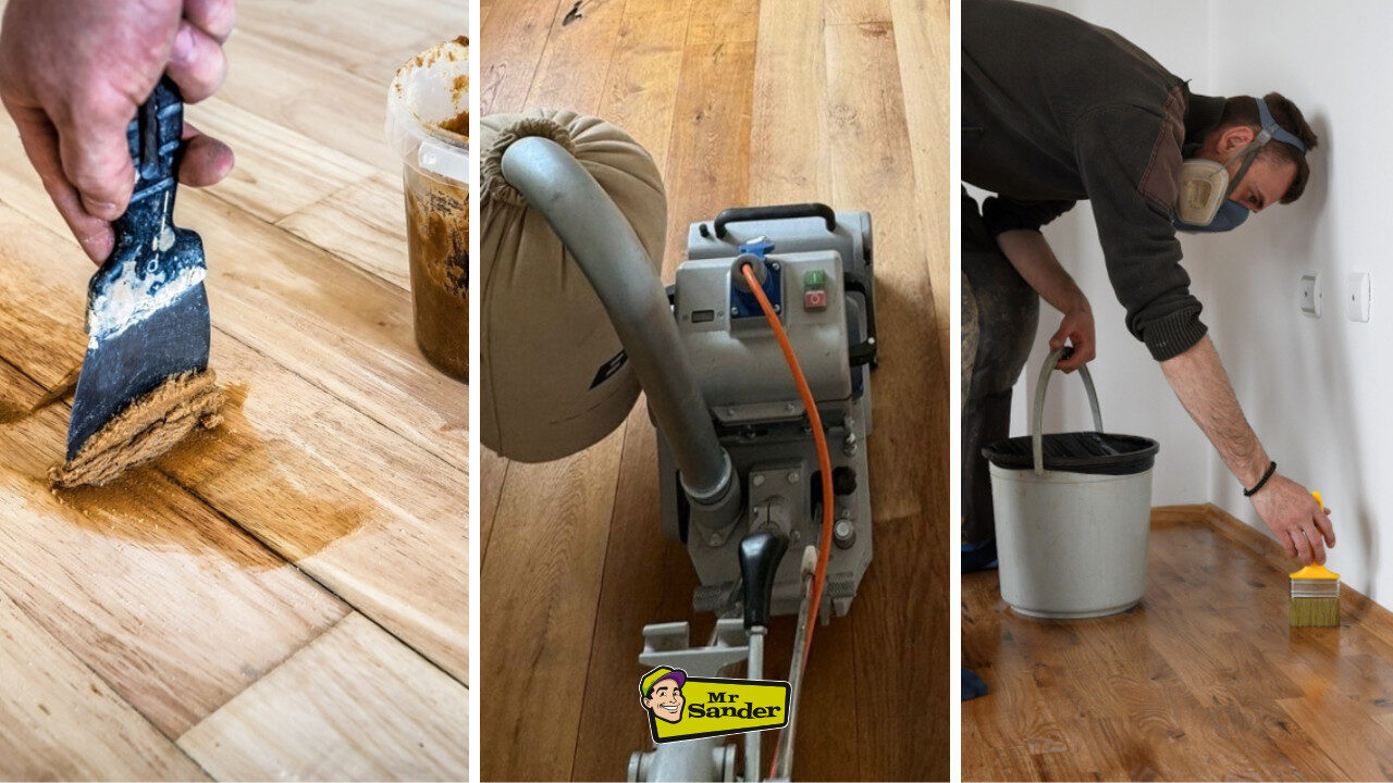 Restore Engineered Wood Floors – professional restoration process of engineered oak plank flooring, including gap filling, sanding, and applying protective finish.