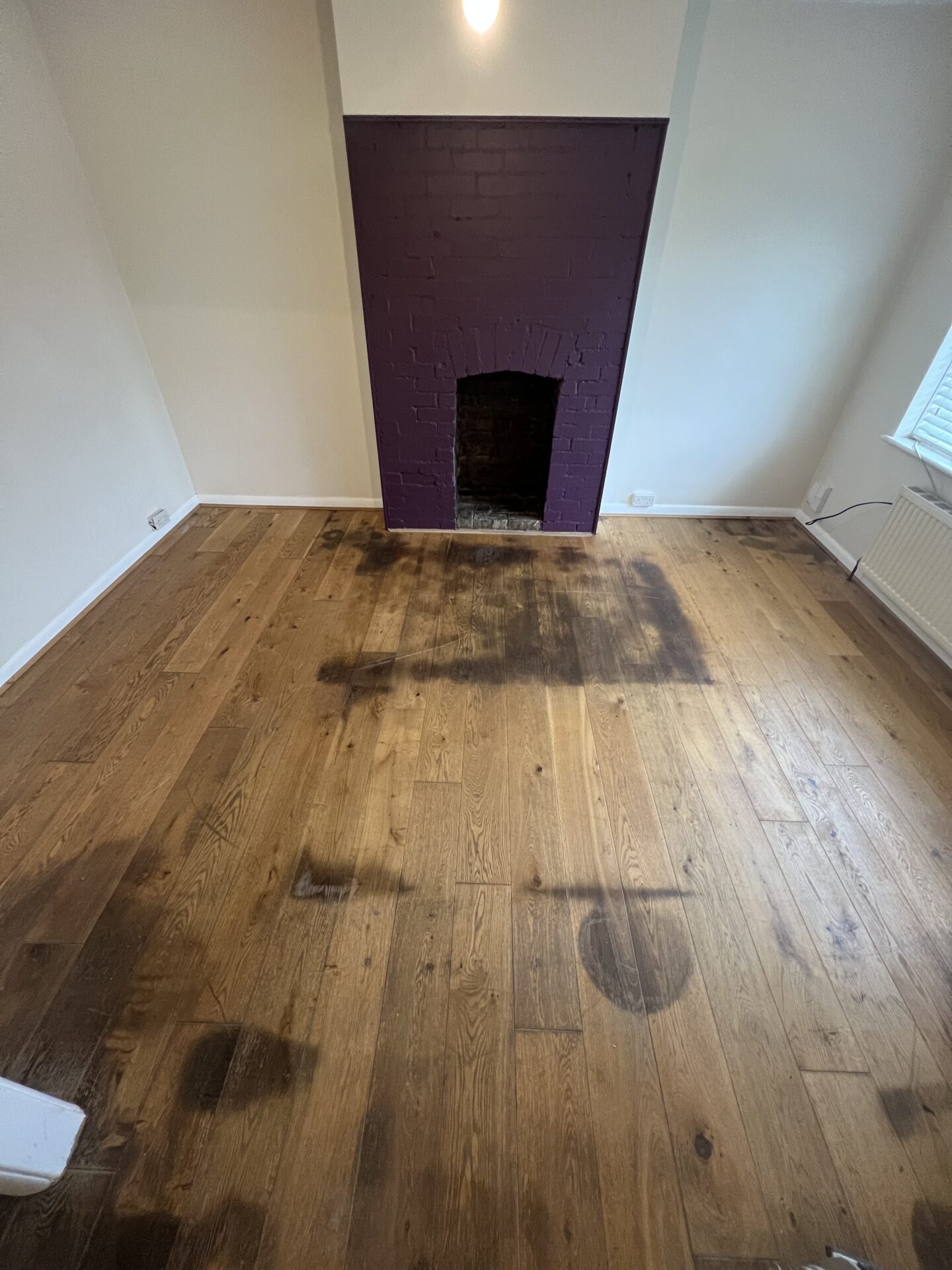 Restore edilmeden önce evcil hayvan lekeli masif meşe döşeme tahtaları, Evcil Hayvan Lekeli Zeminleri Yenileme işlemine hazır koyu renkli idrar izlerini gösteriyor.