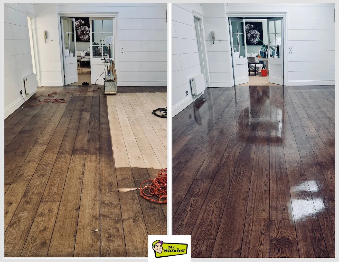 Restoring a Wood Floor: before-and-after of wide oak planks—left mid-sanding with a floor sander, right fully refinished to a deep, glossy finish. Wood Floor Restoration London