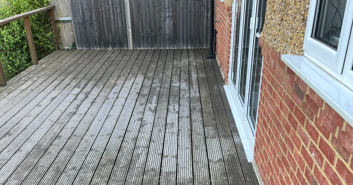 Restoring Floors in Decks: series showing grey, weathered grooved decking (before), the fully restored terrace (after), and a split comparison.