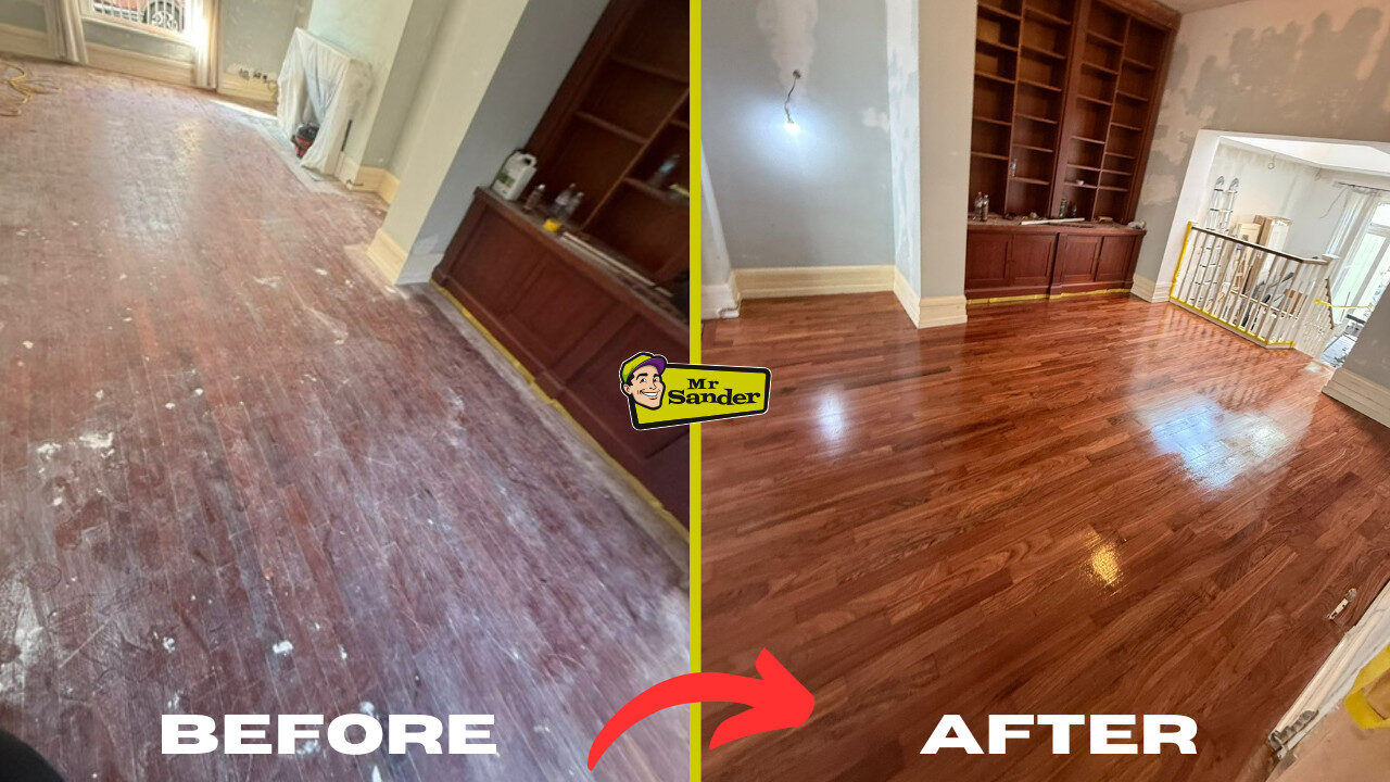 Restoring Floors in Listed Buildings: before & after of heritage wood floor restoration, turning dusty, paint-marked boards into a smooth, richly finished hardwood surface.