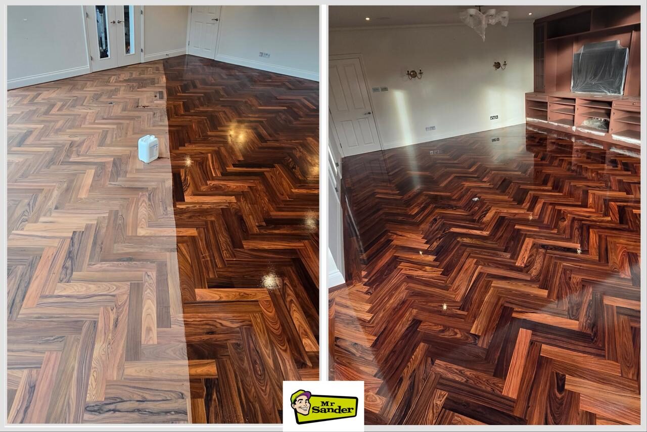 Restoring Hidden Parquet Floors—before and after of herringbone parquet repaired, sanded and refinished to a deep gloss.