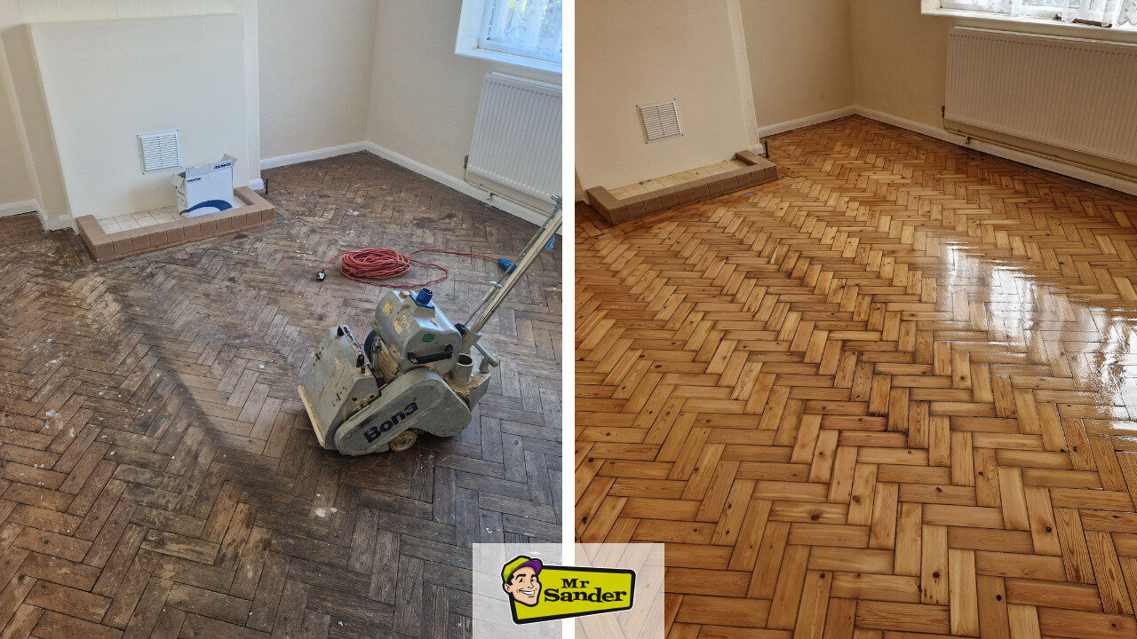 Restoring Hidden Parquet Floors—before and after herringbone lounge sanded, gap-filled and sealed.