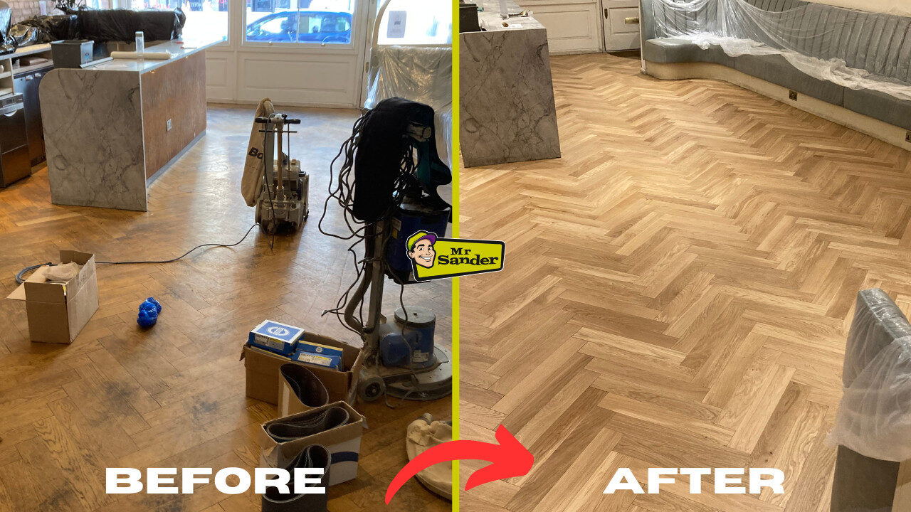 Restoring Parquet Flooring before-and-after showing herringbone oak parquet blocks restored from worn, scuffed boards to a smooth, natural matt-lacquered finish.
