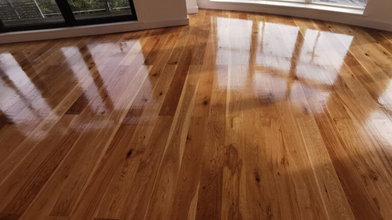 A high-gloss refinished solid oak plank hardwood floor reflecting light from a window, demonstrating the process of restoring shine to natural wood.