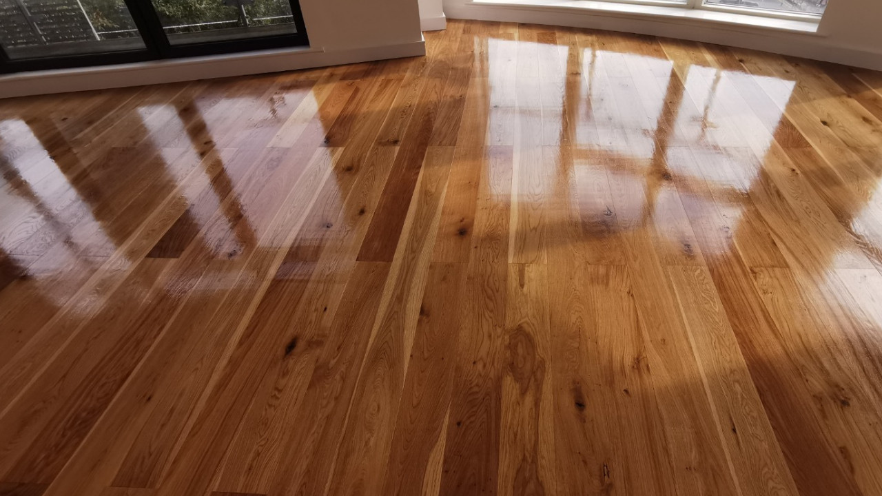 A high-gloss refinished solid oak plank hardwood floor reflecting light from a window, demonstrating the process of restoring shine to natural wood.