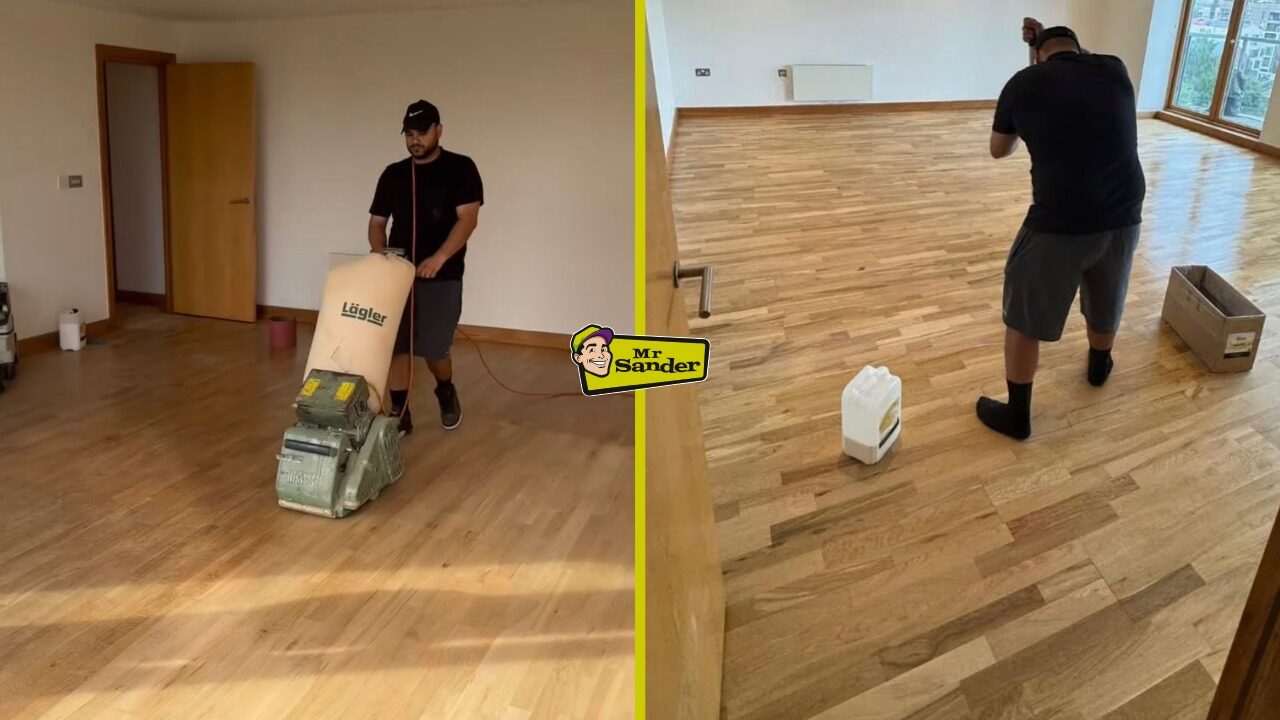 Sand and Seal on oak engineered wood floor—technician using a Lagler belt sander and applying protective sealer for a dust-controlled, durable finish.