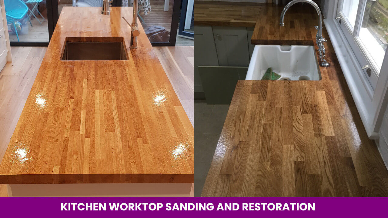 Kitchen worktop sanding and restoration results from our Sand & Seal Service—freshly sealed oak block worktops with a high sheen beside oak hardwood floorboards (engineered planks).