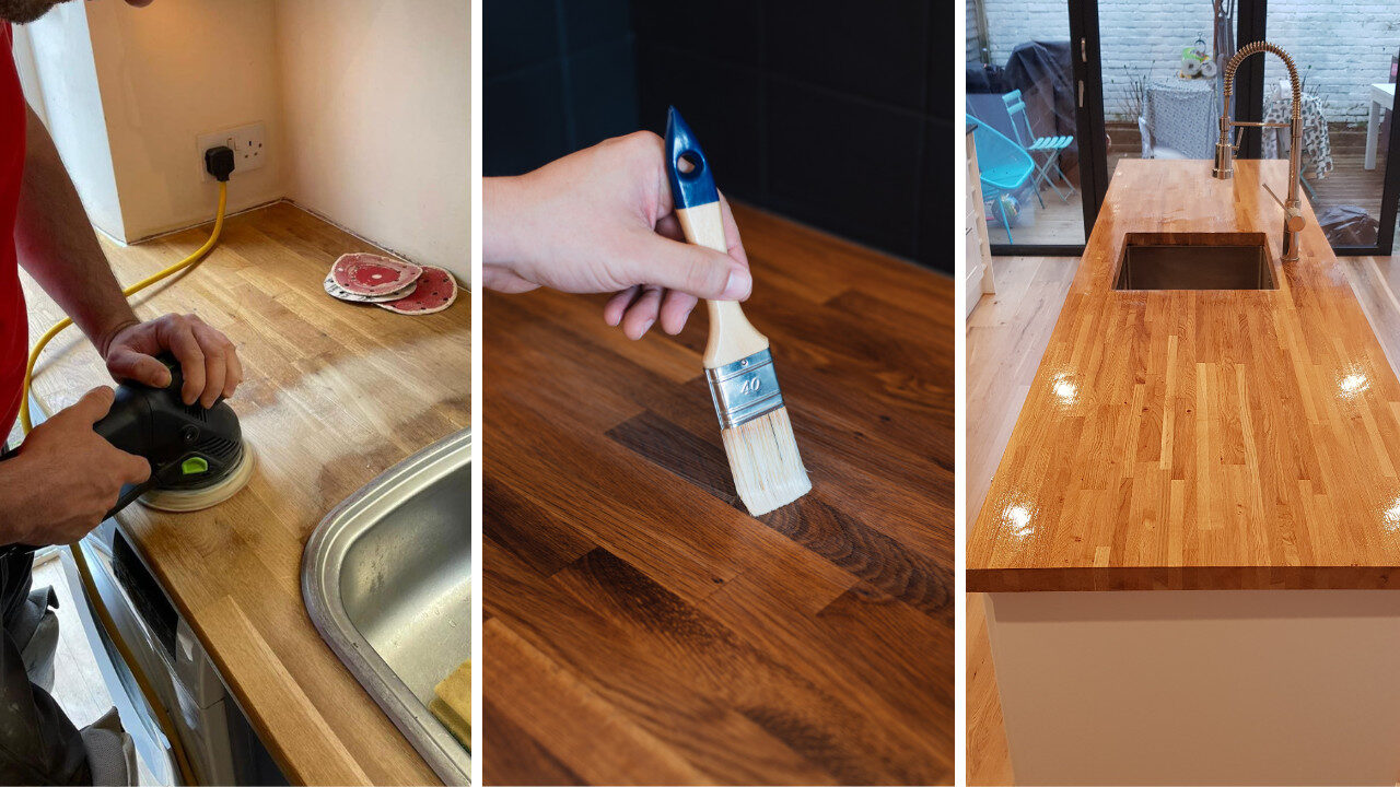 Three-step kitchen worktop restoration using our Sand & Seal Service—orbital sanding, brush-applied oil and the final polished oak block worktop—next to oak hardwood floorboards (engineered planks).