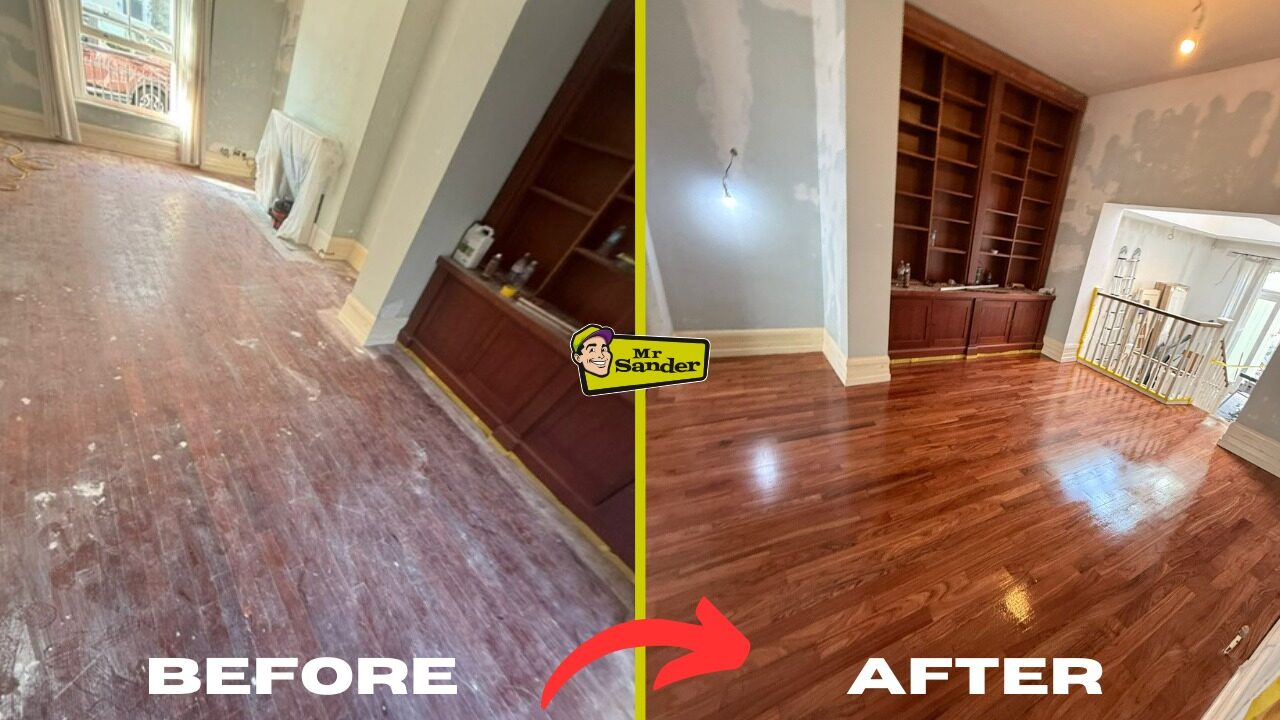 Sand and Seal on solid oak strip wood floor—before and after restoration showing worn, dust-covered boards transformed to a rich, even gloss finish.
