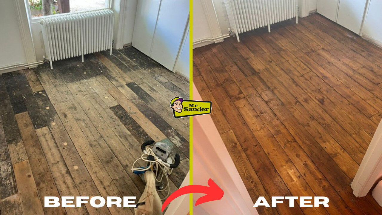 Sand Old Floorboards – before-and-after of pine floorboards (solid softwood) professionally sanded, gap-filled and sealed, transforming worn boards into a rich, even finish.