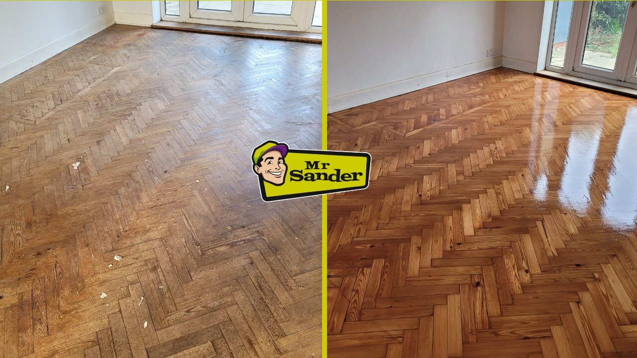 Before and after results of Sand Parquet Flooring on a herringbone parquet wood floor, showing the transformation from a worn surface to a smooth, glossy finish.