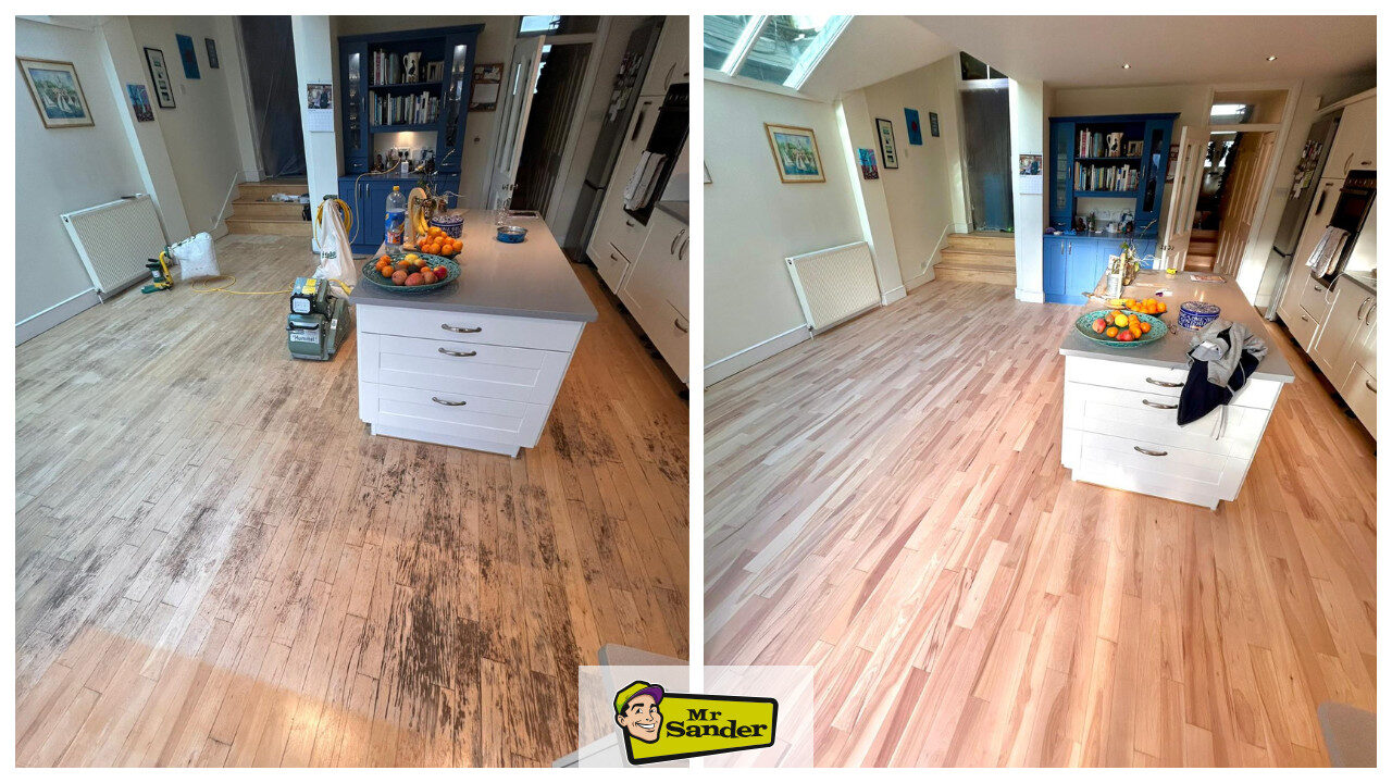 A split-screen before and after comparison of Sanding Floors for Open-Plan Kitchens, showing worn, dark-stained beech hardwood being restored to a smooth, light natural finish around a kitchen island.