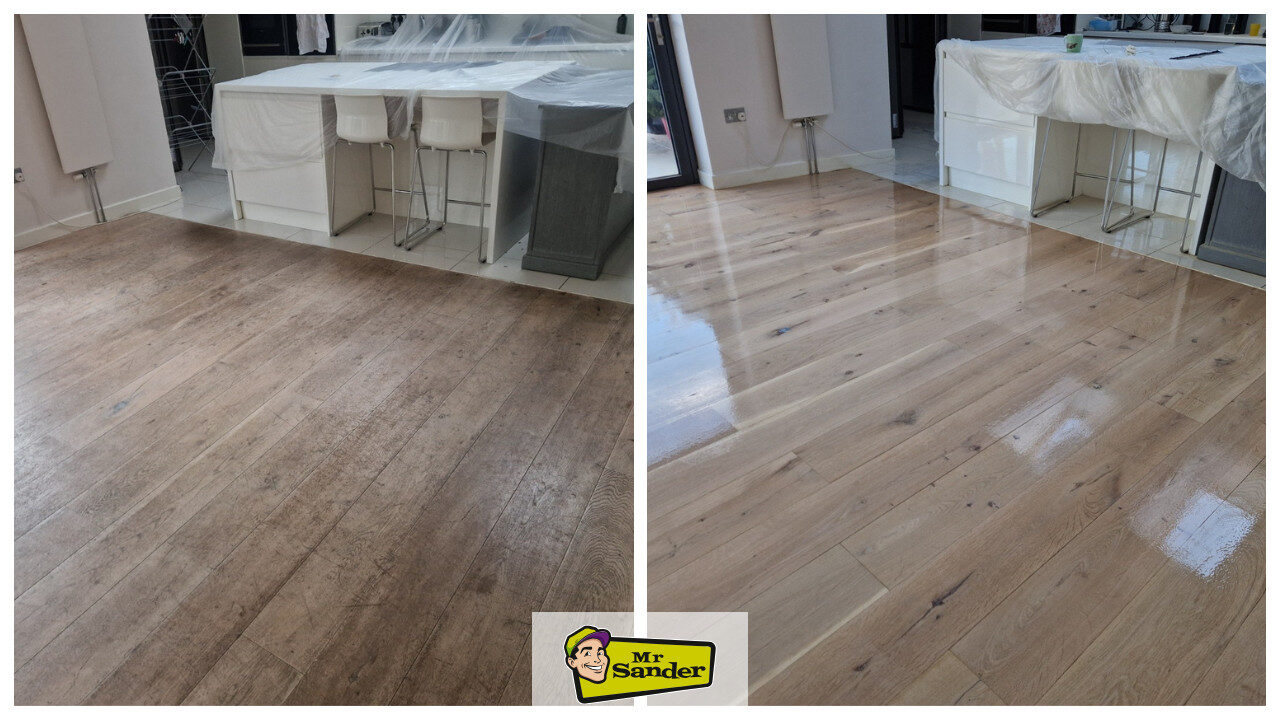 Before and after comparison of sanding hardwood floors in a modern kitchen, showing a worn timber floor restored to a smooth, glossy finish