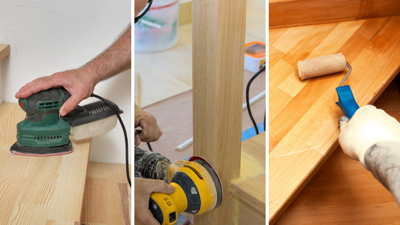 A three-panel collage showing the process of Sanding Stair Treads, featuring an orbital sander on a Pine softwood floor and a roller applying finish to an Oak hardwood floor.