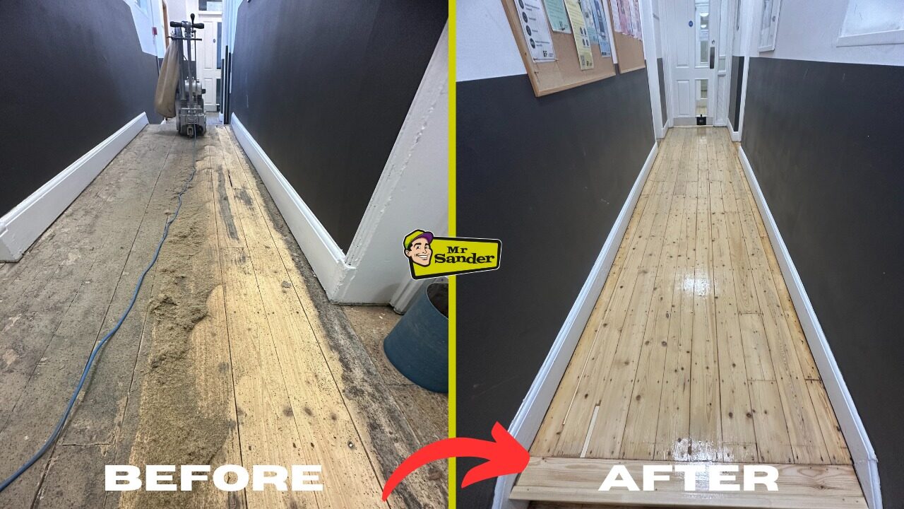School Floor Sanding before and after on pine wood floorboards in a school corridor, showing transformation from worn to polished finish
