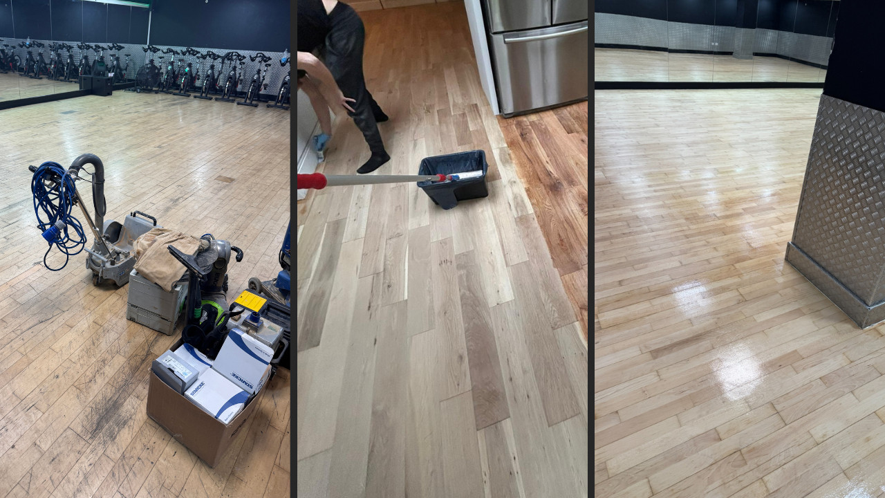 A collage showing sanding equipment and the application of floor lacquer on a Junckers SylvaKet Beech solid hardwood floor during school hall maintenance.
