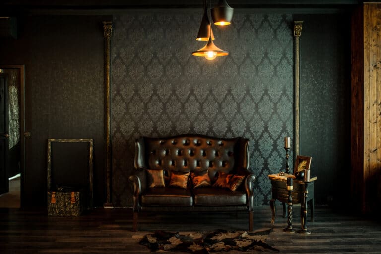 Old,Vintage,Interior,With,Leather,Sofa,,Wood,Table,And,Ceiling