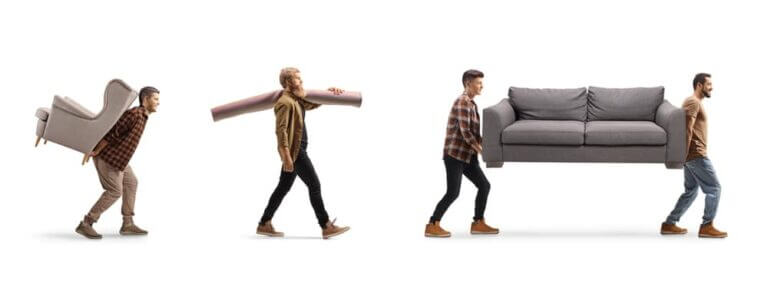 Men,Carrying,Sofa,,Carpet,And,Armchair,Isolated,On,White,Background