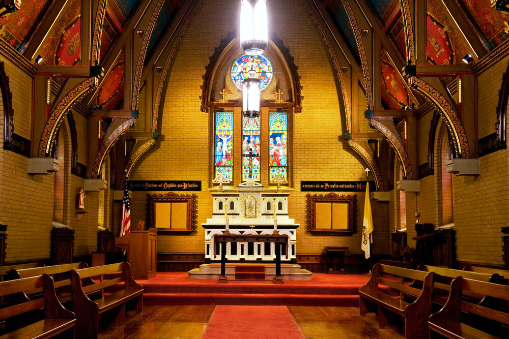 Gothic church with stained wooden floors