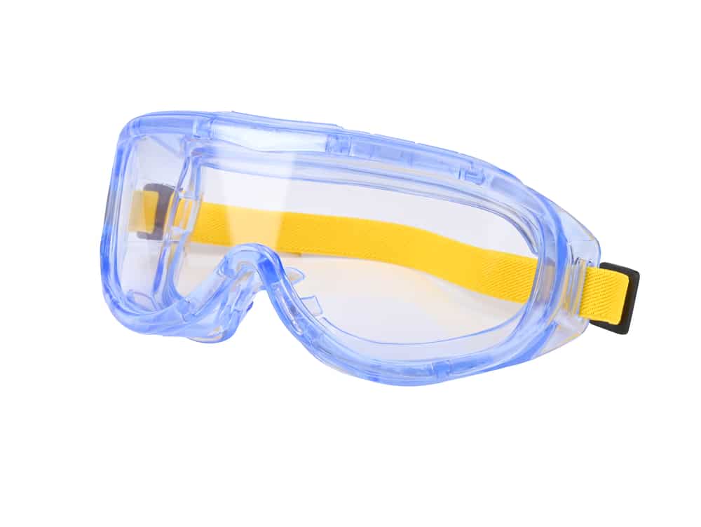 A pair of clear protective safety goggles with a yellow strap, designed to protect the eyes from dust and debris during tasks like floor sanding.
