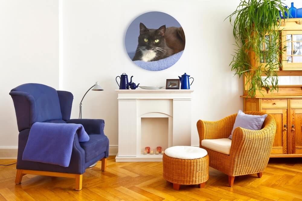 A cozy living room with blue and wicker furniture, featuring a polished herringbone wood floor. The floor sanding and refinishing were done by Mr Sander® in Hammersmith, UK.