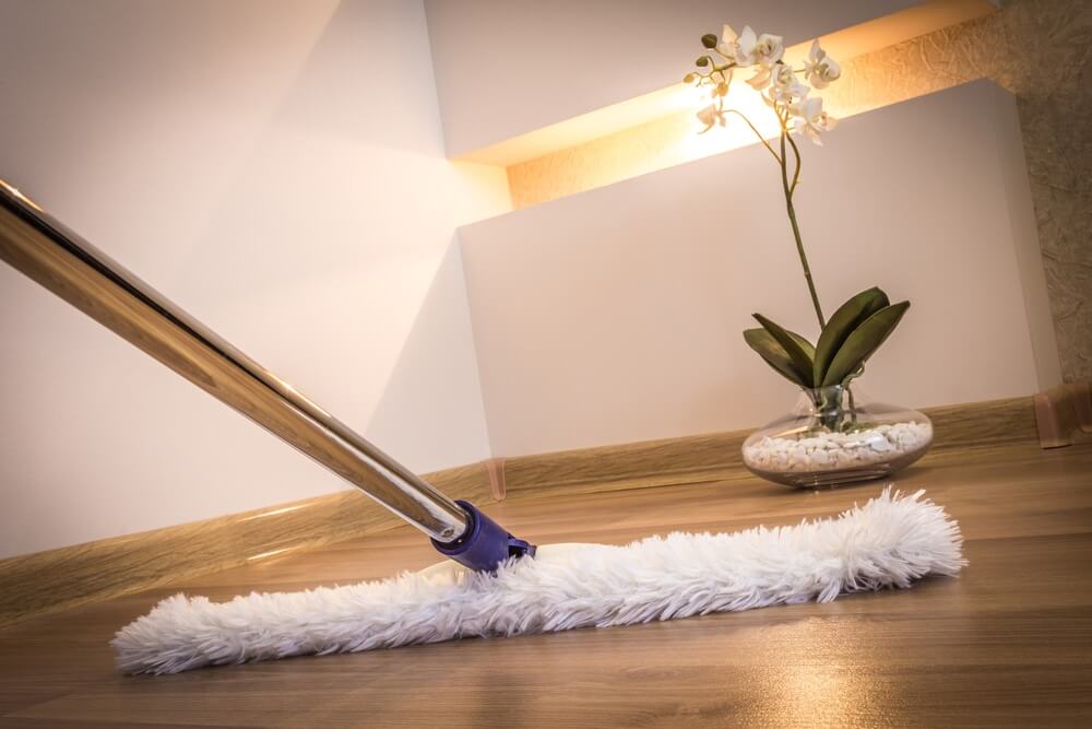 Polished wooden floor being cleaned with a white microfiber mop next to a decorative plant.