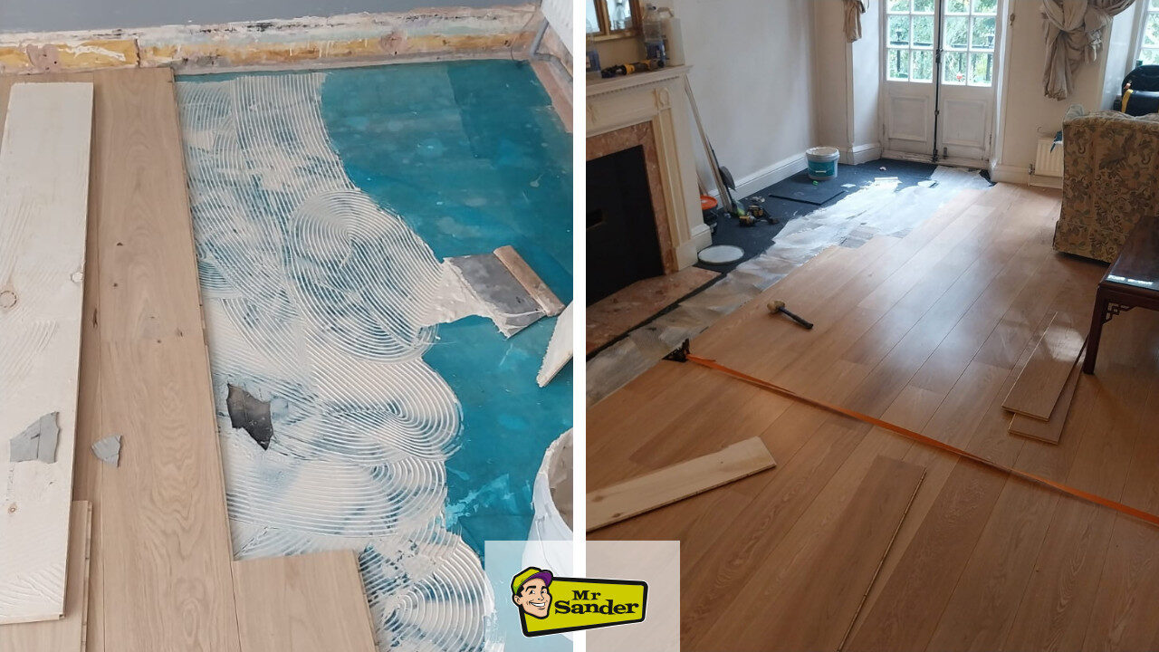 Two-part collage showing solid oak fitting: left, a blue moisture barrier with trowel-ridged adhesive and loose planks; right, a British living room where new solid oak boards are being laid, tools visible; Mr Sander® logo at the bottom.