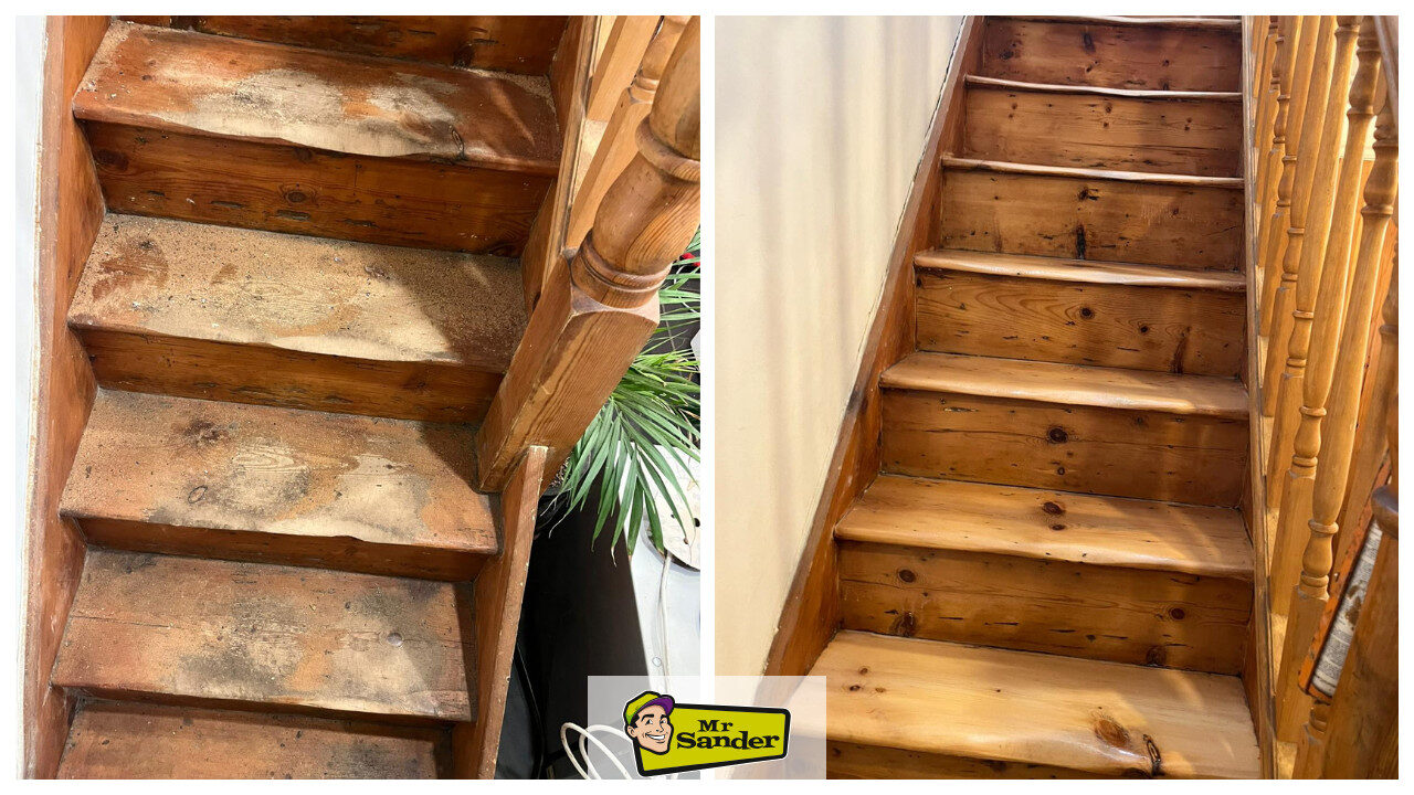 Before and after Stair Tread Sanding on a solid pine wooden staircase, transforming worn, dirty treads into smooth, clean and restored timber steps.