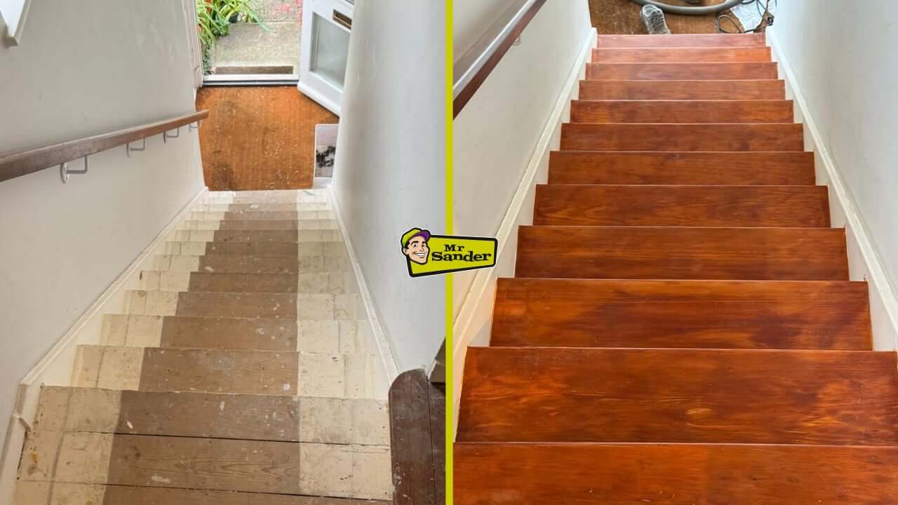 A before-and-after image of wooden stairs in Shepperton undergoing sanding and restoration by Mr. Sander. The left side shows worn, unpolished stairs, while the right side displays fully restored stairs with a rich, glossy wooden finish.