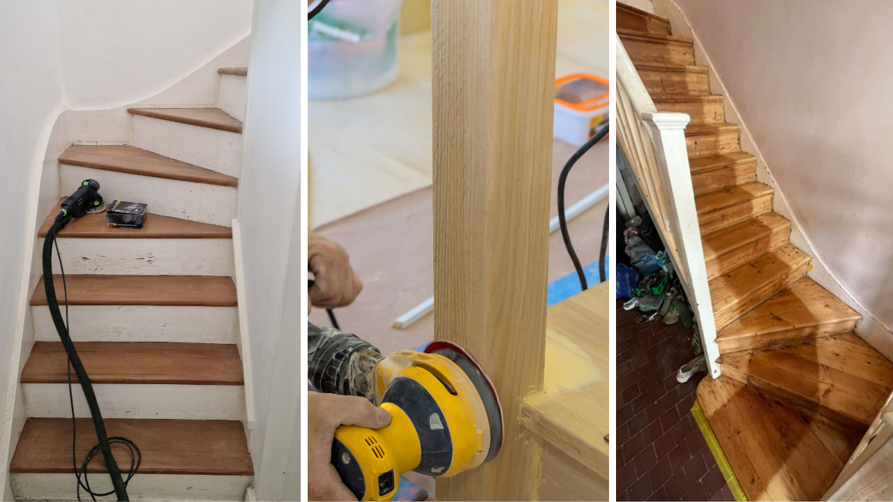 Three-stage collage of Staircase Sanding in London on a painted pine softwood staircase, showing worn white steps, sanding work on timber posts and fully restored natural wood treads.