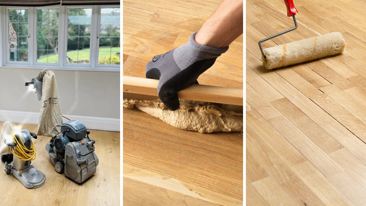 The “No-Yellow” Oak System process on oak plank & strip floor—left: professional sanding machines; centre: gap filling beneath a board; right: roller applying a non-yellowing water-borne coat (Floor name: Oak Plank & Strip Floor; Type: European Oak, solid/engineered).
