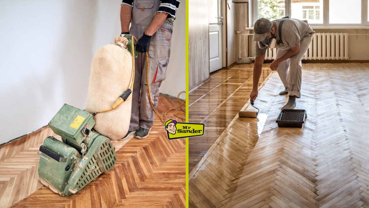 Professional floor sanding and varnishing of wooden parquet floors in a UK restaurant by Mr Sander, showing sanding and sealing stages.