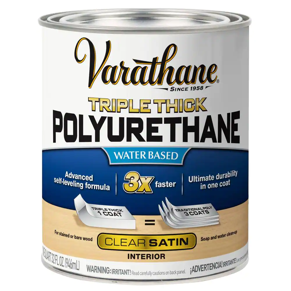 A can of Varathane Triple Thick Polyurethane water-based wood finish in clear satin, designed for interior use, featuring an advanced self-leveling formula for ultimate durability in one coat, 3x faster drying time.