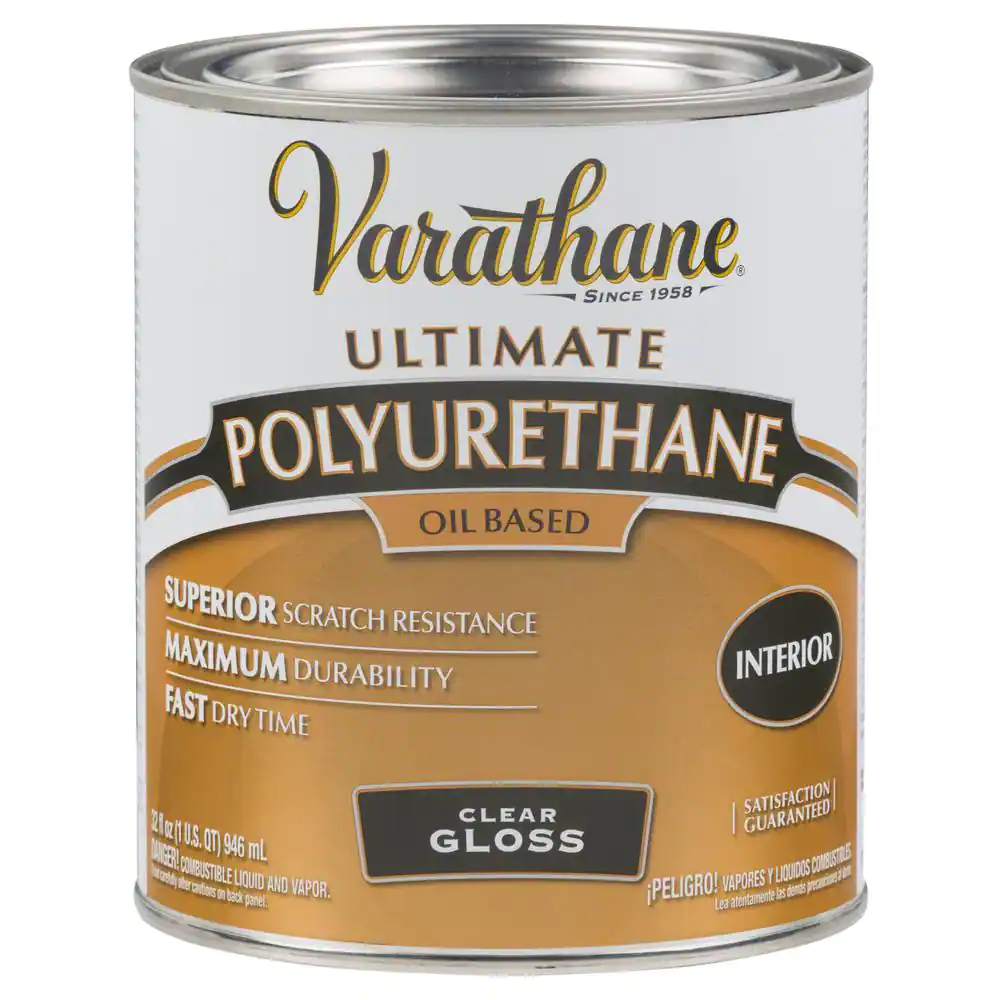 A can of Varathane Ultimate Polyurethane oil-based wood finish in clear gloss, designed for interior use, providing superior scratch resistance, maximum durability, and fast dry time.